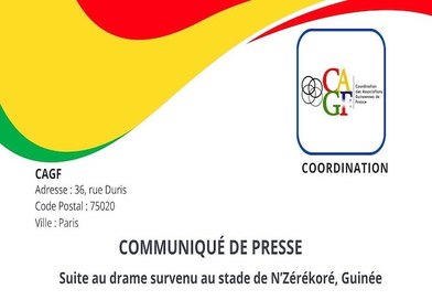 Guinée - Drame survenu au stade de N’Zérékoré, la CAGF appelle à la solidarité de la diaspora et adresse ses condoléances aux familles endeuillées (Communiqué)...