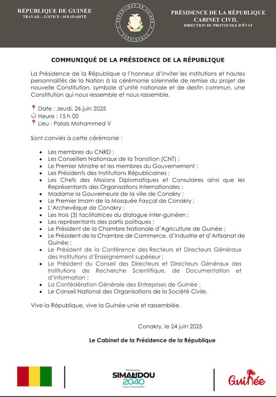 Communiqué remise solennelle du projet de la nouvelle Constitution