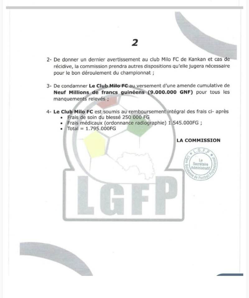  La LGFP sanctionne lourdement le Milo FC et AS Kaloum