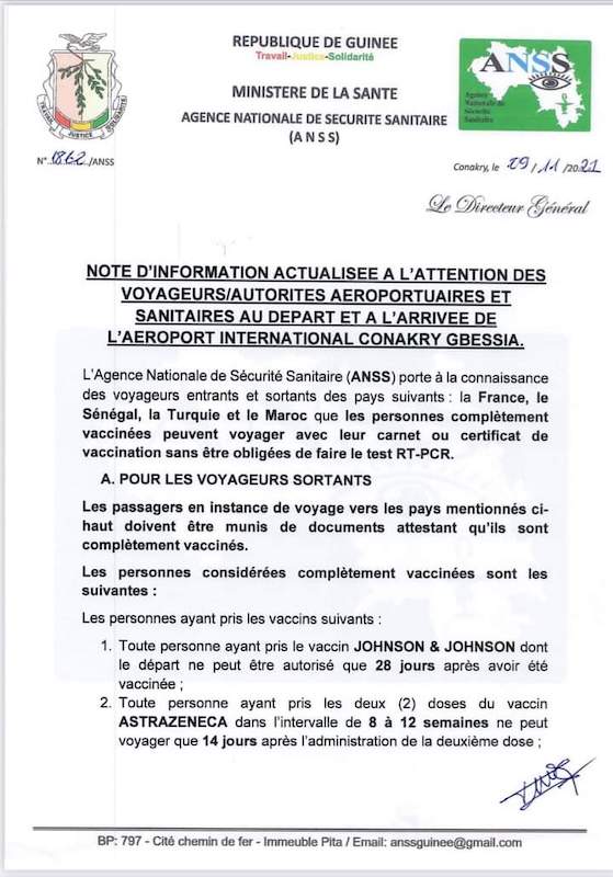 Les voyageurs vaccinés exemptés de Test PCR (ANSS)