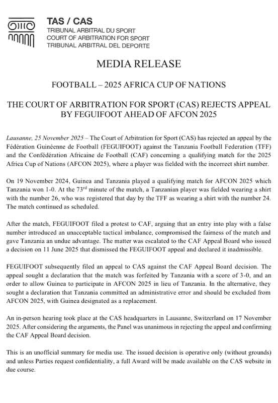 CAN 2025 : Le TAS rejette le recours de la Guinée